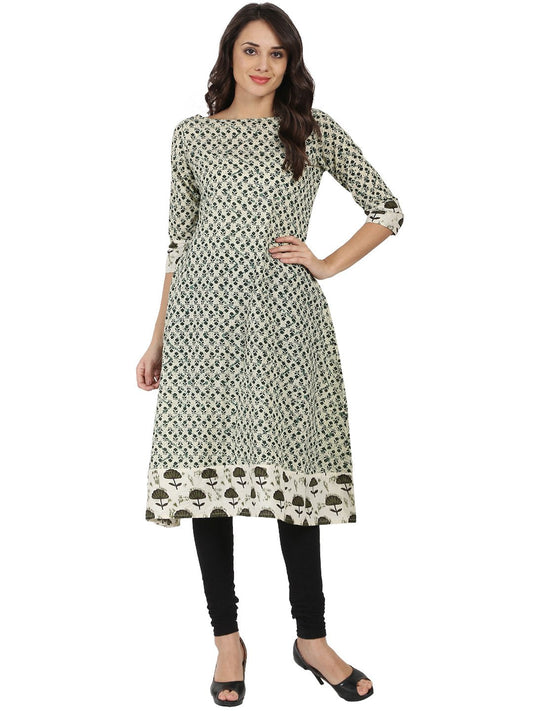 Off White Printed 3/4Th Sleeve Cotton A-Line Kurta | LASVINI - Redefining Indian Fashion with Elegance