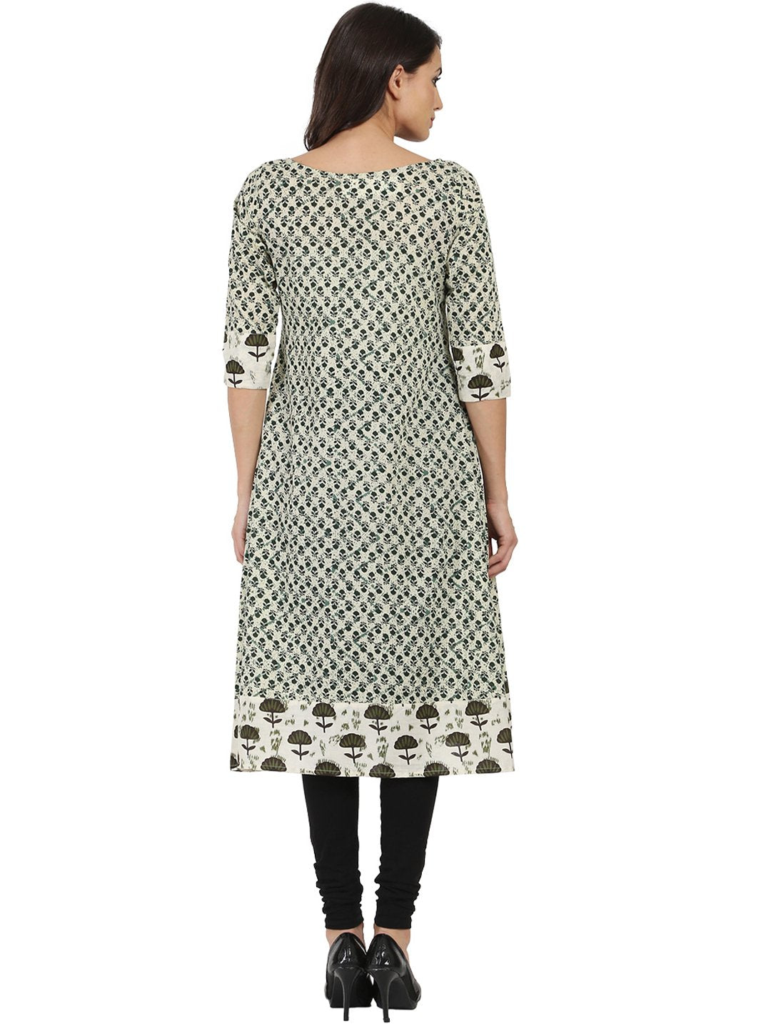 Off White Printed 3/4Th Sleeve Cotton A-Line Kurta | LASVINI - Redefining Indian Fashion with Elegance