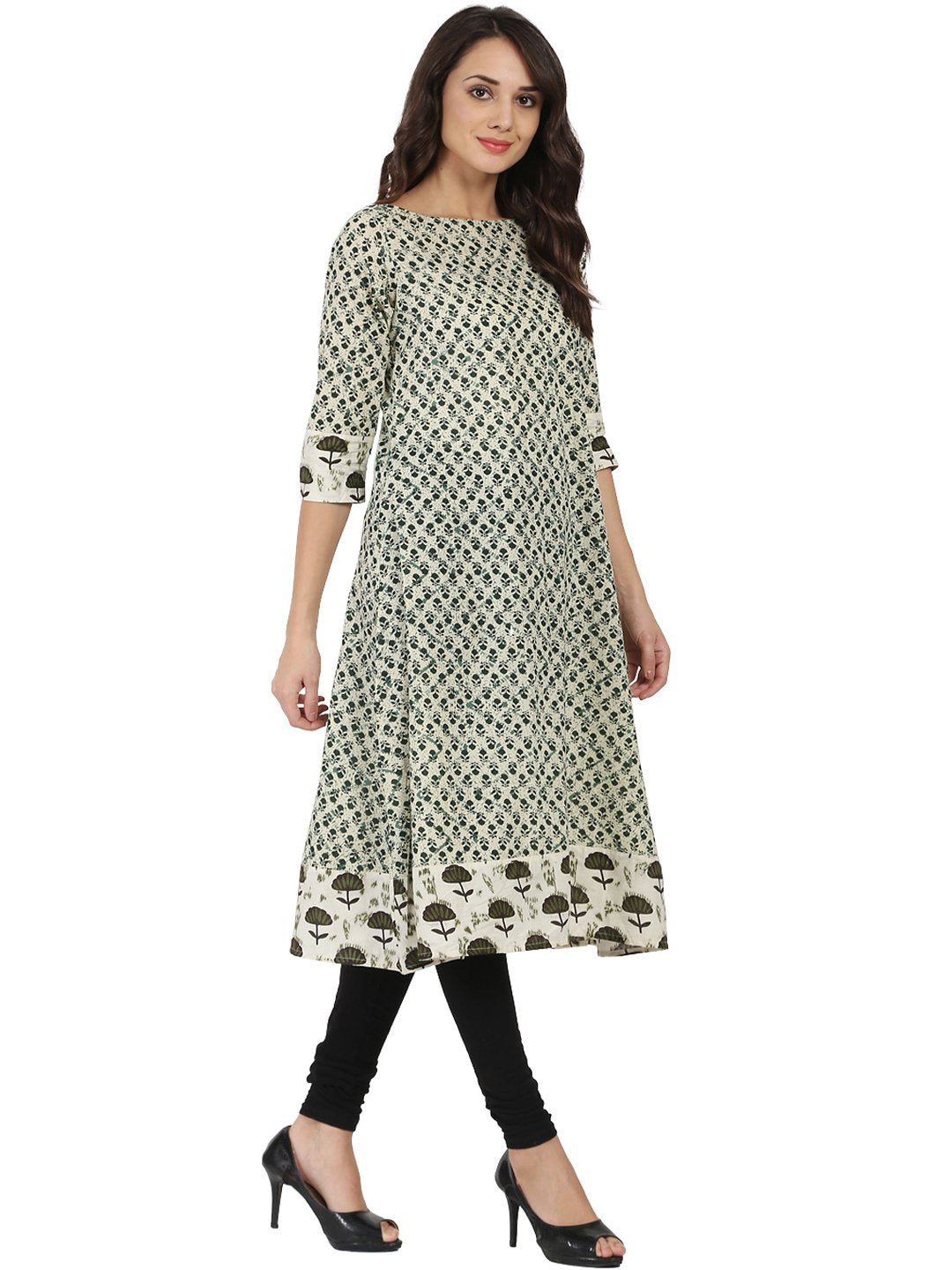 Off White Printed 3/4Th Sleeve Cotton A-Line Kurta | LASVINI - Redefining Indian Fashion with Elegance