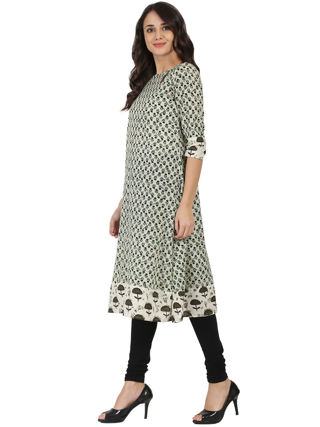 Off White Printed 3/4Th Sleeve Cotton A-Line Kurta | LASVINI - Redefining Indian Fashion with Elegance