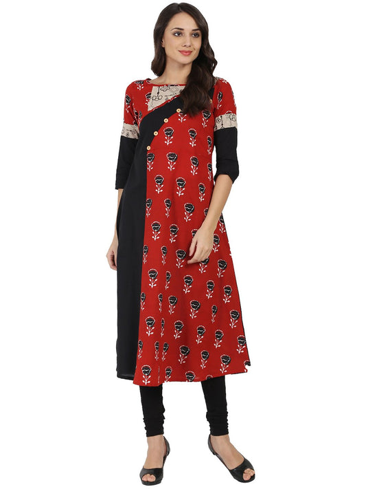 Black & Red Printed Half Sleeve Cotton A-Line Kurta | LASVINI - Redefining Indian Fashion with Elegance
