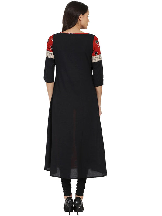Black & Red Printed Half Sleeve Cotton A-Line Kurta | LASVINI - Redefining Indian Fashion with Elegance