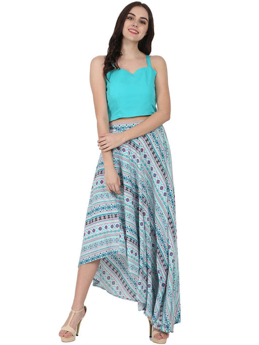 Blue Sleeveless Crepe Crop Top With Flared Printed Assymetric Skirt | LASVINI - Redefining Indian Fashion with Elegance