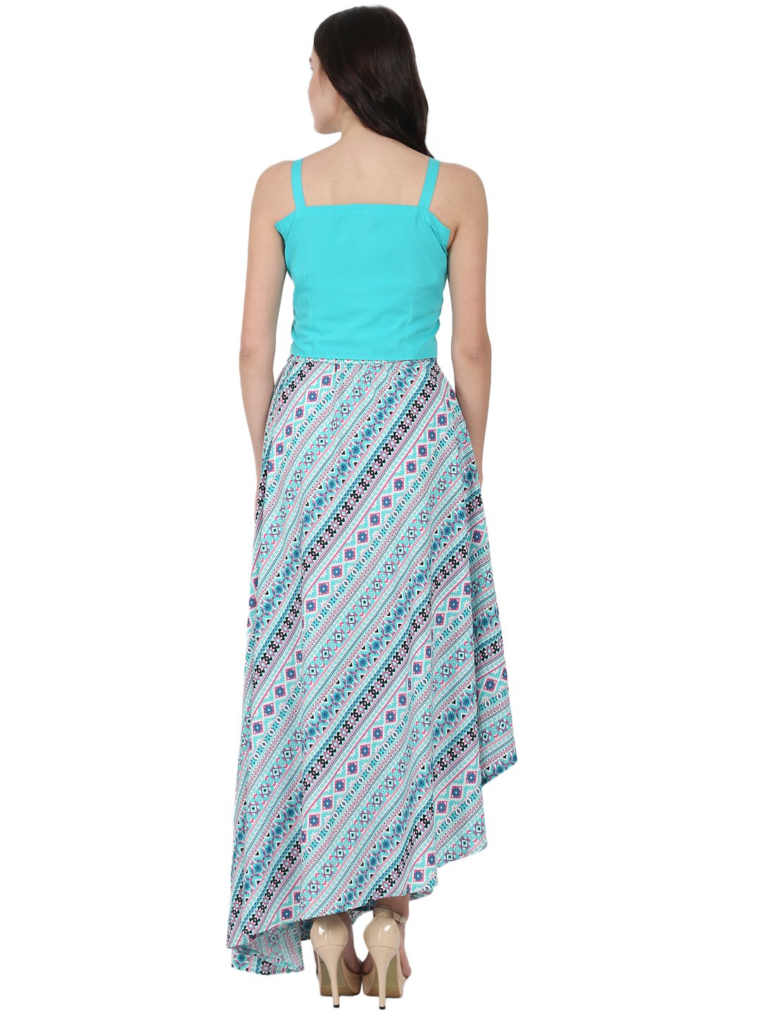 Blue Sleeveless Crepe Crop Top With Flared Printed Assymetric Skirt | LASVINI - Redefining Indian Fashion with Elegance