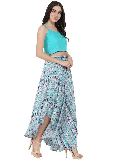 Blue Sleeveless Crepe Crop Top With Flared Printed Assymetric Skirt | LASVINI - Redefining Indian Fashion with Elegance