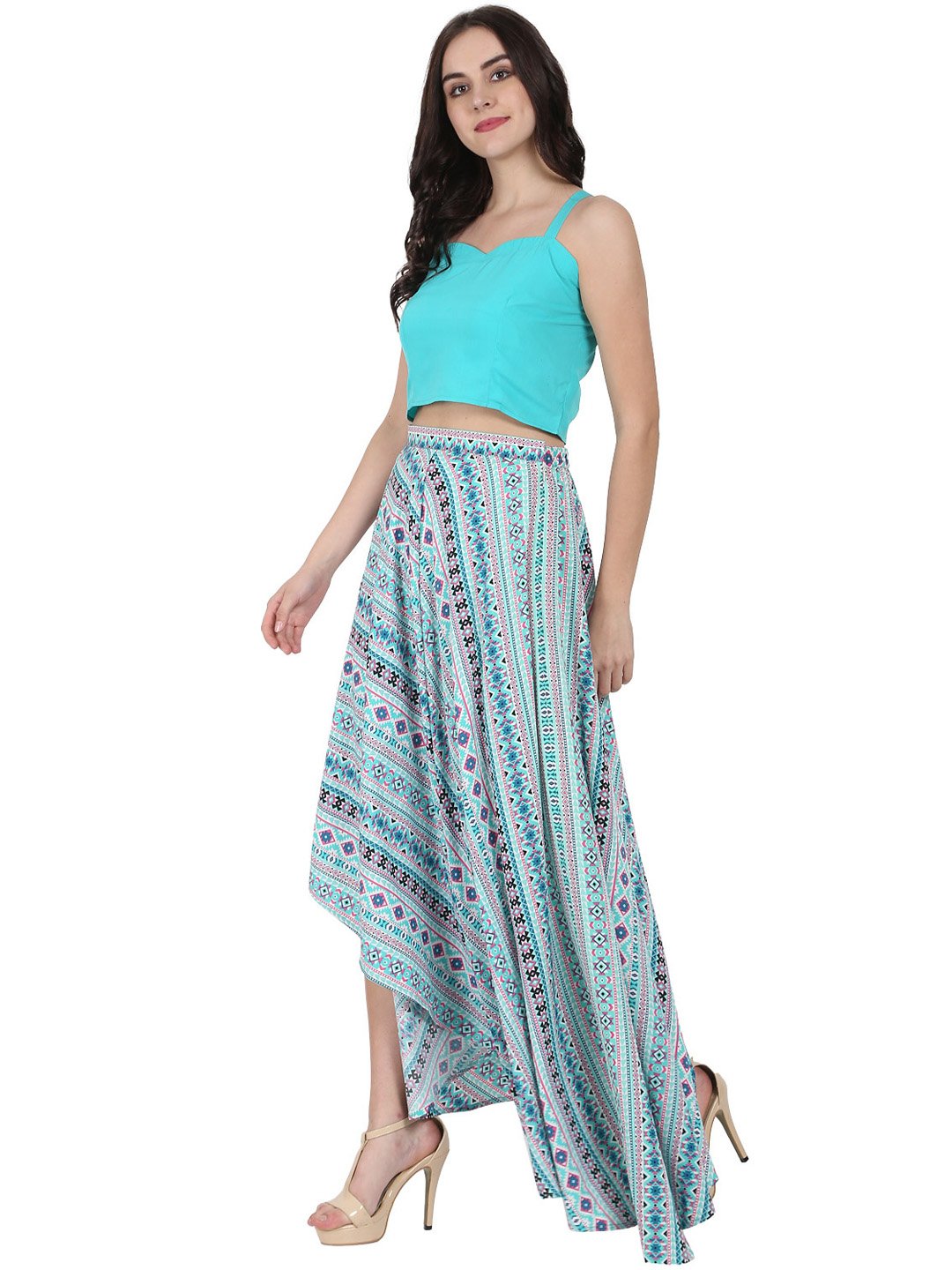 Blue Sleeveless Crepe Crop Top With Flared Printed Assymetric Skirt | LASVINI - Redefining Indian Fashion with Elegance
