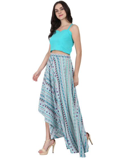Blue Sleeveless Crepe Crop Top With Flared Printed Assymetric Skirt | LASVINI - Redefining Indian Fashion with Elegance