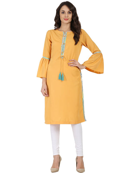 Yellow 3/4Th Sleeve Crepe Kurta With Dori Work At Yoke | LASVINI - Redefining Indian Fashion with Elegance