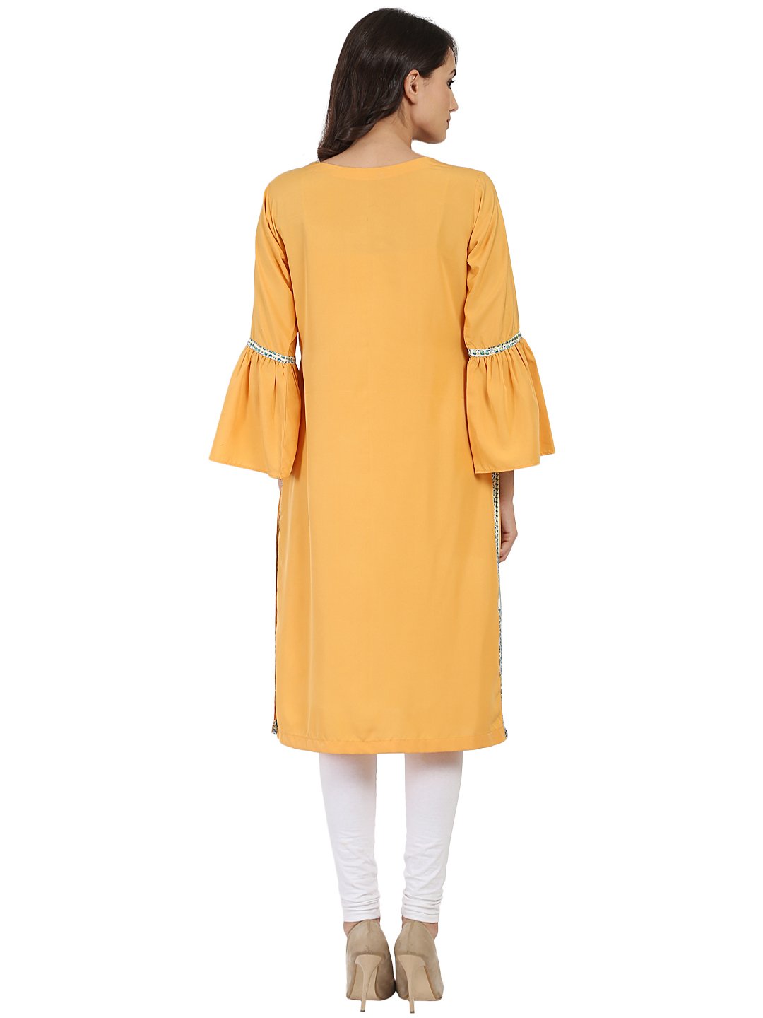 Yellow 3/4Th Sleeve Crepe Kurta With Dori Work At Yoke | LASVINI - Redefining Indian Fashion with Elegance
