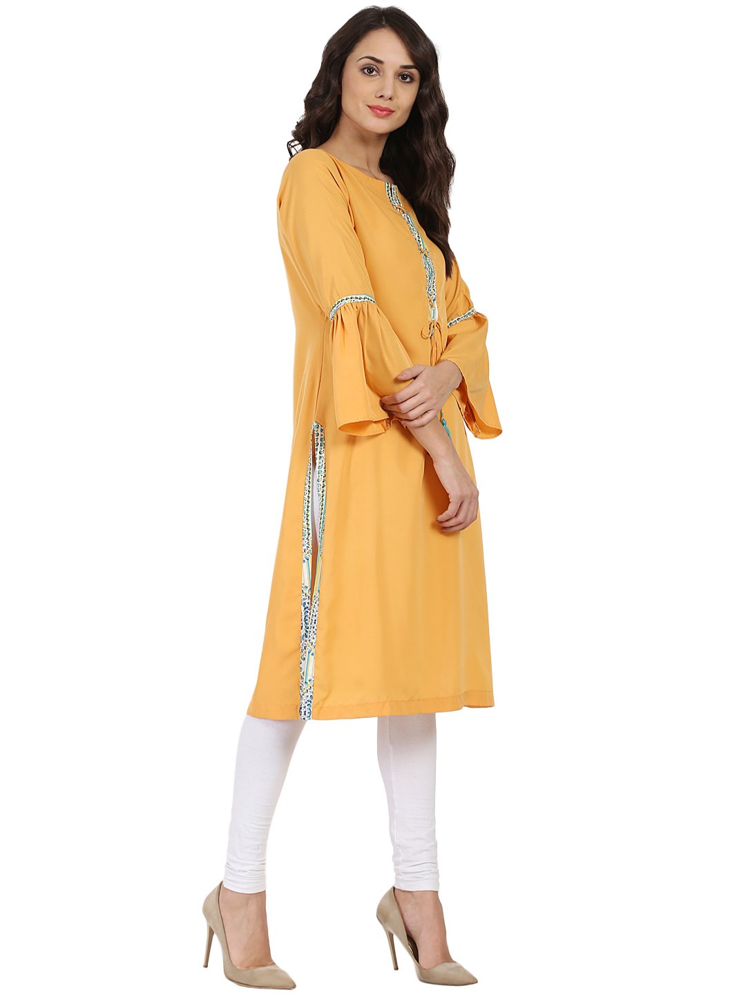 Yellow 3/4Th Sleeve Crepe Kurta With Dori Work At Yoke | LASVINI - Redefining Indian Fashion with Elegance