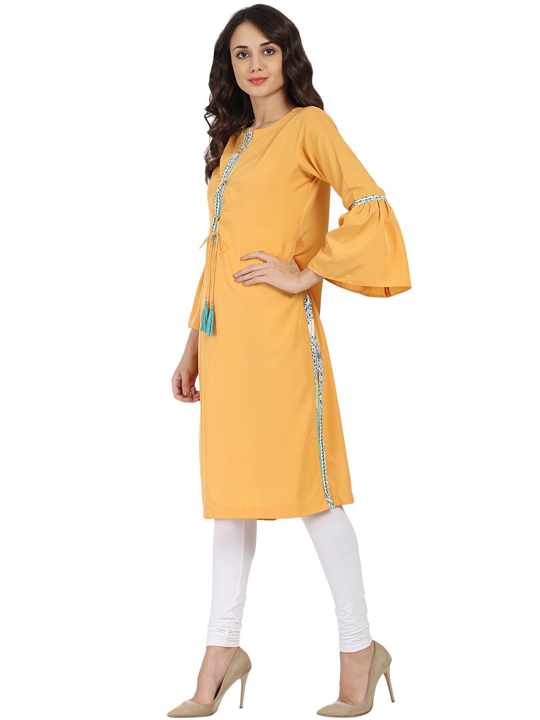 Yellow 3/4Th Sleeve Crepe Kurta With Dori Work At Yoke | LASVINI - Redefining Indian Fashion with Elegance