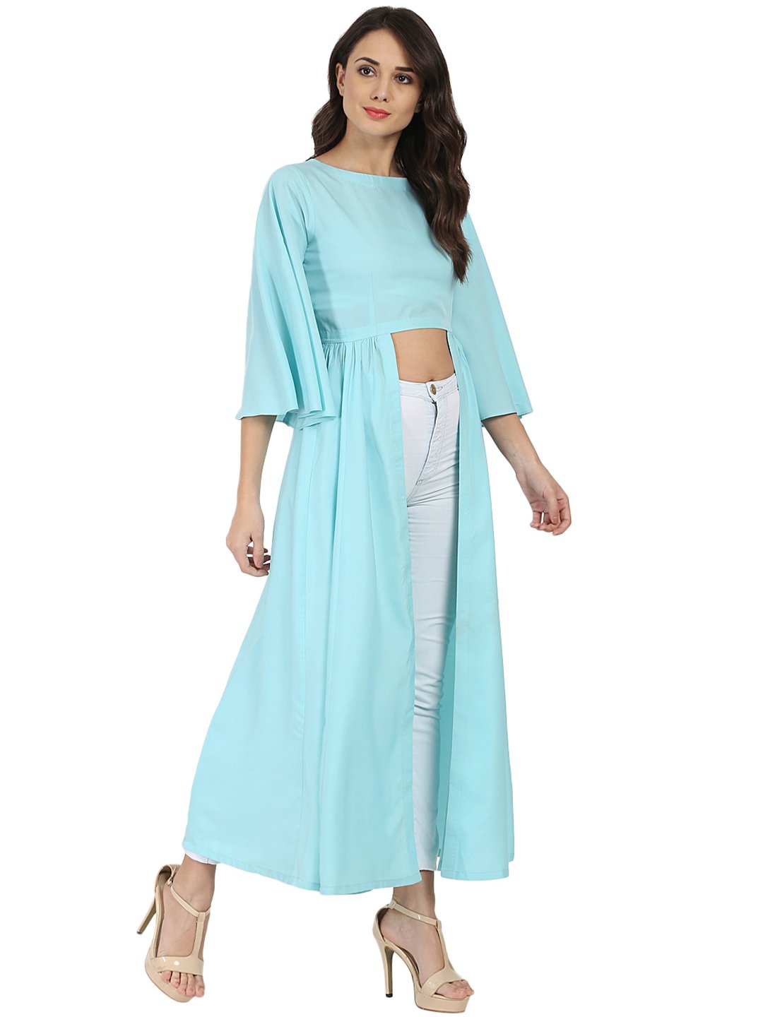 Blue Half Sleeve Crepe A-Line Kurta | LASVINI - Redefining Indian Fashion with Elegance