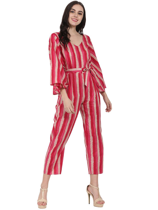 Red Printed 3/4Th Sleeve Cotton Jumpsuit | LASVINI - Redefining Indian Fashion with Elegance