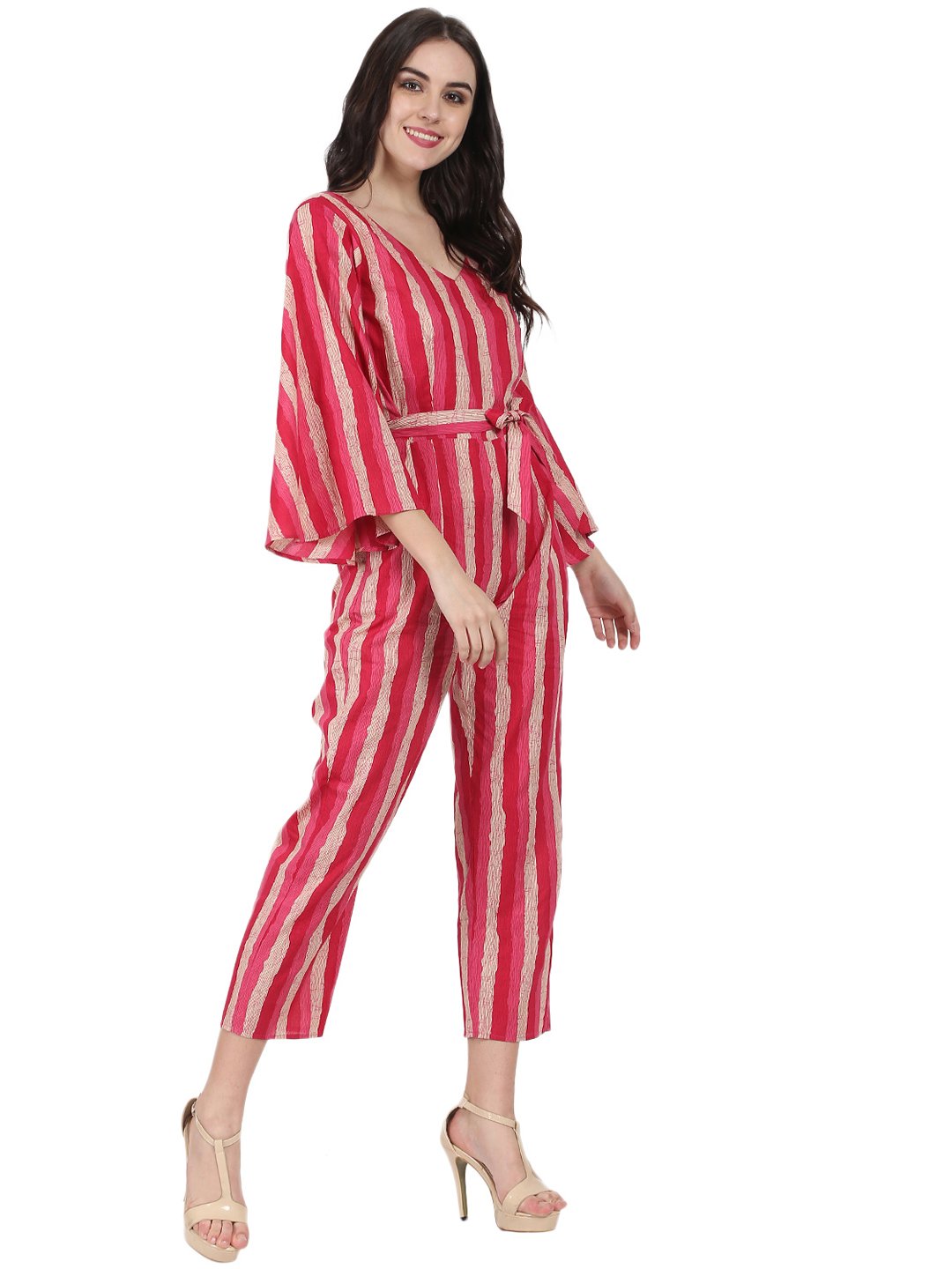 Red Printed 3/4Th Sleeve Cotton Jumpsuit | LASVINI - Redefining Indian Fashion with Elegance