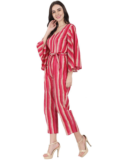 Red Printed 3/4Th Sleeve Cotton Jumpsuit | LASVINI - Redefining Indian Fashion with Elegance
