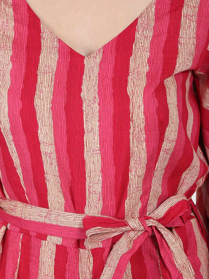 Red Printed 3/4Th Sleeve Cotton Jumpsuit | LASVINI - Redefining Indian Fashion with Elegance