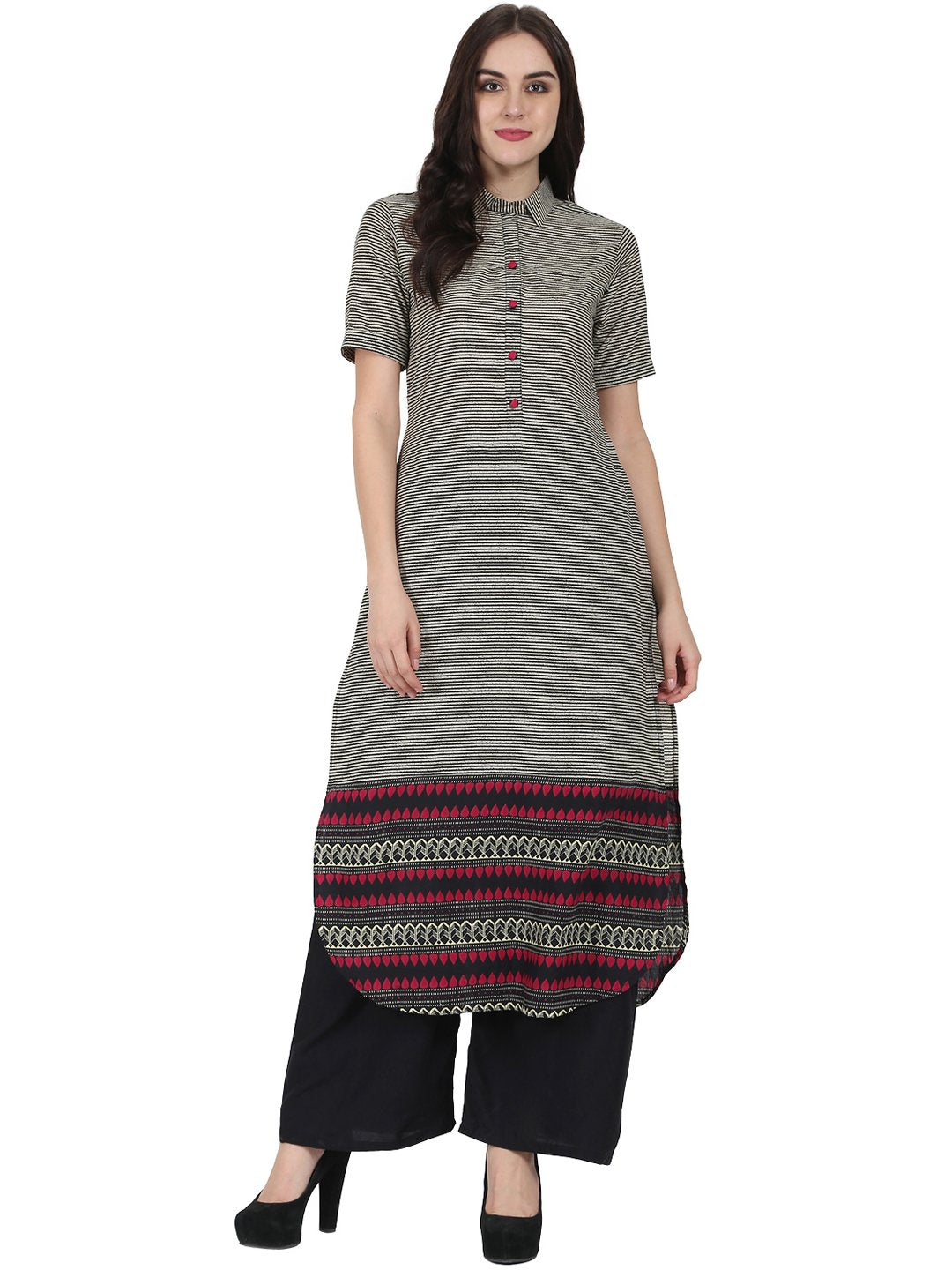 Black Printed Half Sleeve Cotton Long Kurta | LASVINI - Redefining Indian Fashion with Elegance