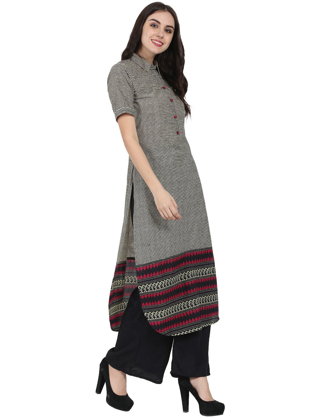 Black Printed Half Sleeve Cotton Long Kurta | LASVINI - Redefining Indian Fashion with Elegance