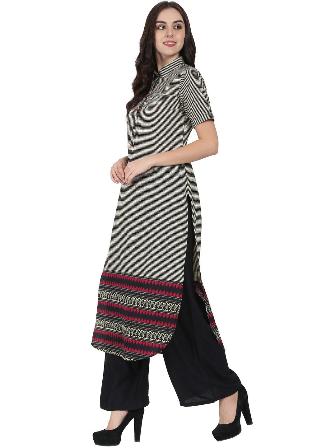 Black Printed Half Sleeve Cotton Long Kurta | LASVINI - Redefining Indian Fashion with Elegance