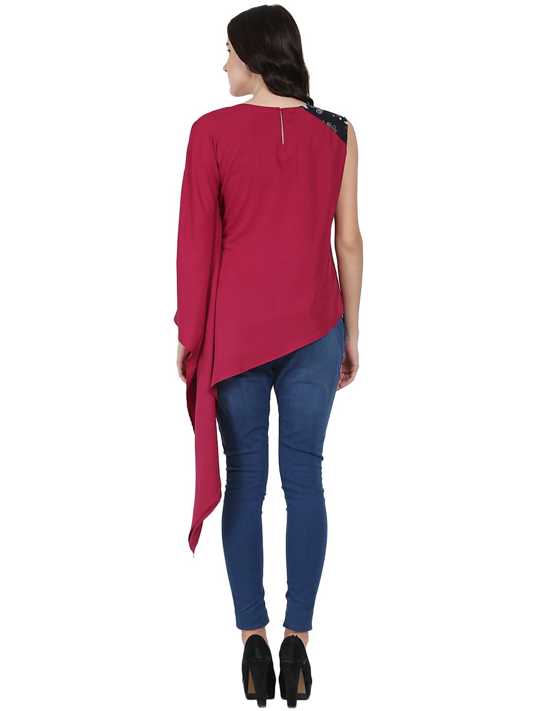 Red One Side Sleeve Crepe Kaftan Kurta | LASVINI - Redefining Indian Fashion with Elegance