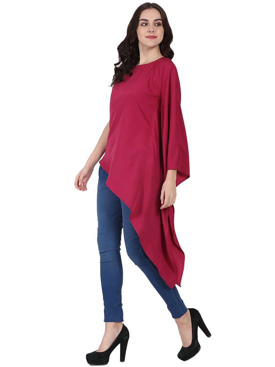 Red One Side Sleeve Crepe Kaftan Kurta | LASVINI - Redefining Indian Fashion with Elegance