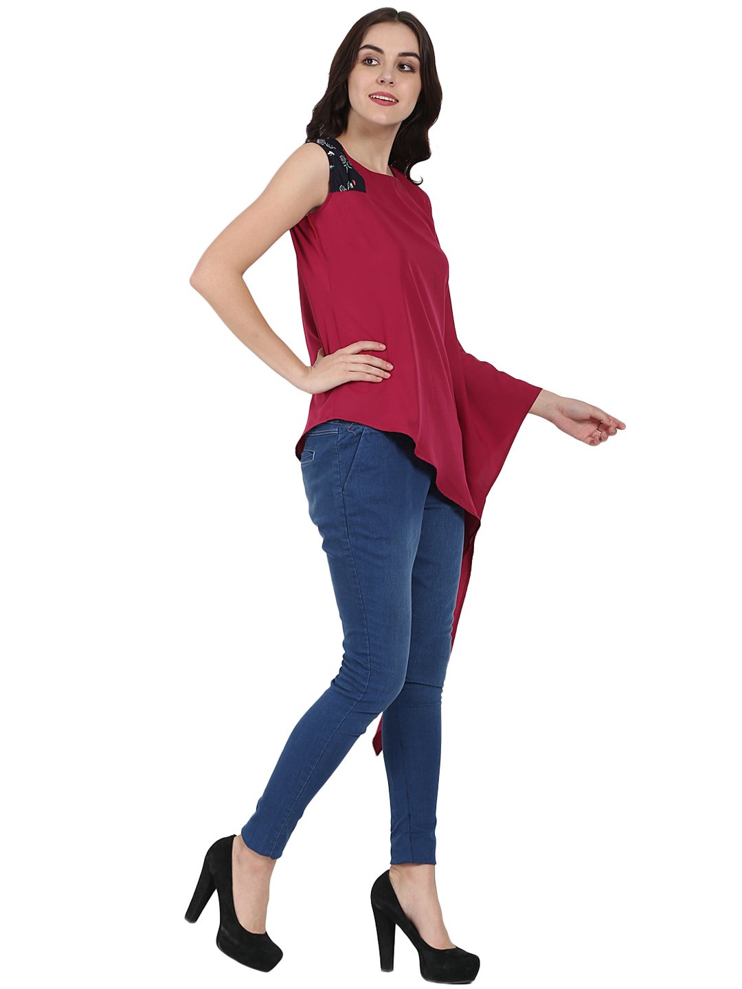 Red One Side Sleeve Crepe Kaftan Kurta | LASVINI - Redefining Indian Fashion with Elegance