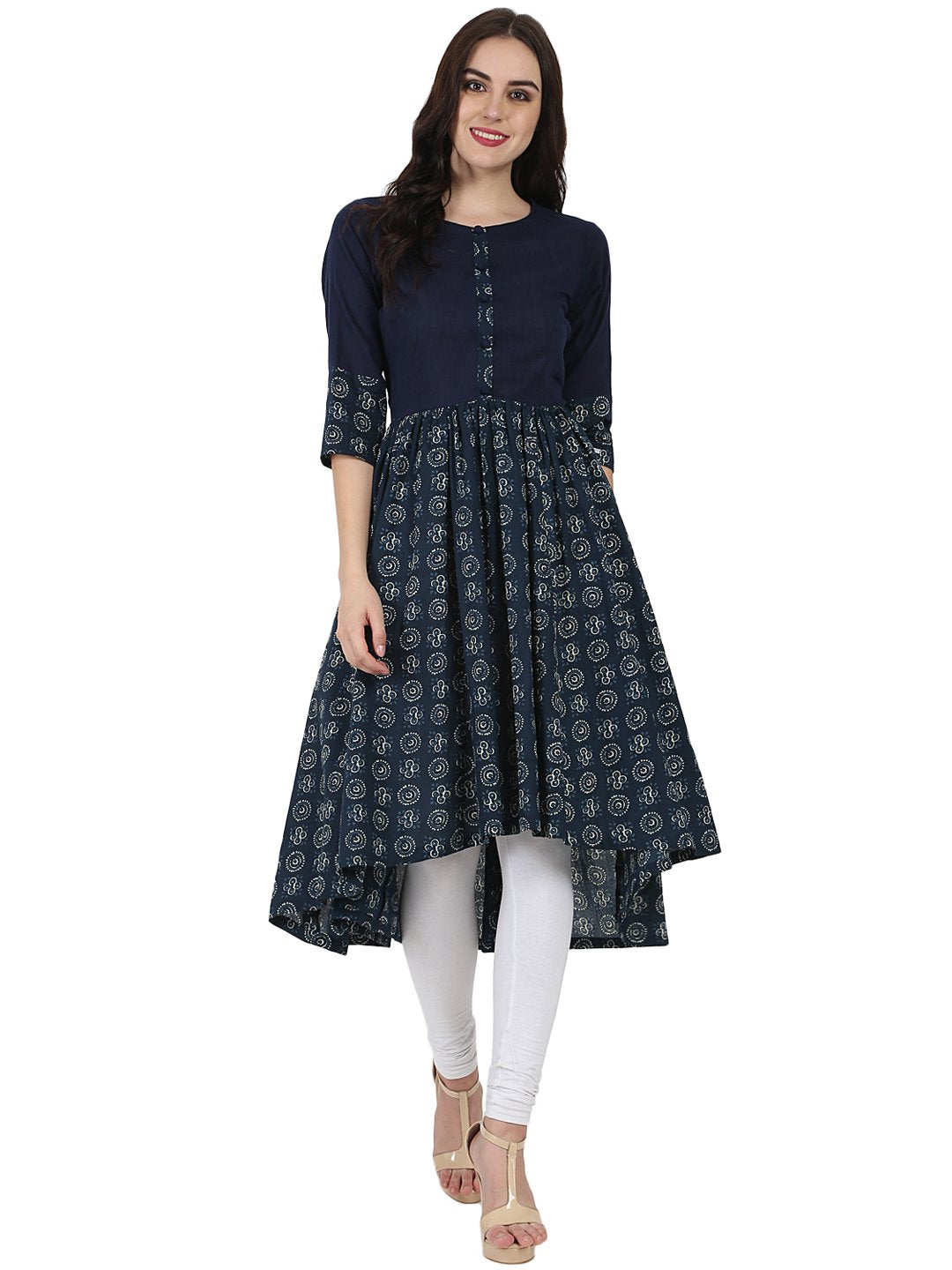 Blue Printed 3/4Th Sleeve Cotton Anarkali Kurta | LASVINI - Redefining Indian Fashion with Elegance