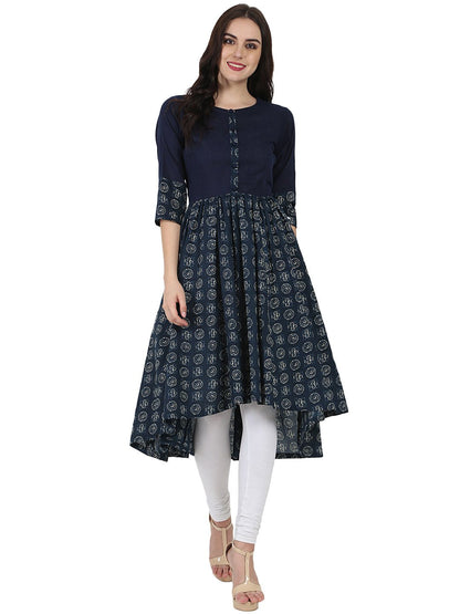 Blue Printed 3/4Th Sleeve Cotton Anarkali Kurta | LASVINI - Redefining Indian Fashion with Elegance