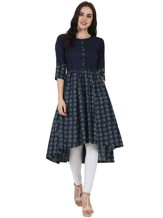 Blue Printed 3/4Th Sleeve Cotton Anarkali Kurta | LASVINI - Redefining Indian Fashion with Elegance