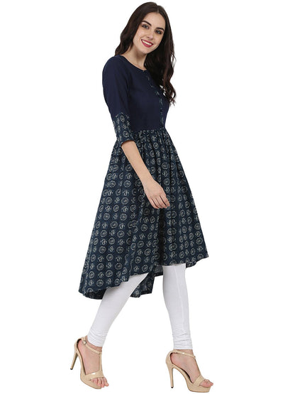 Blue Printed 3/4Th Sleeve Cotton Anarkali Kurta | LASVINI - Redefining Indian Fashion with Elegance