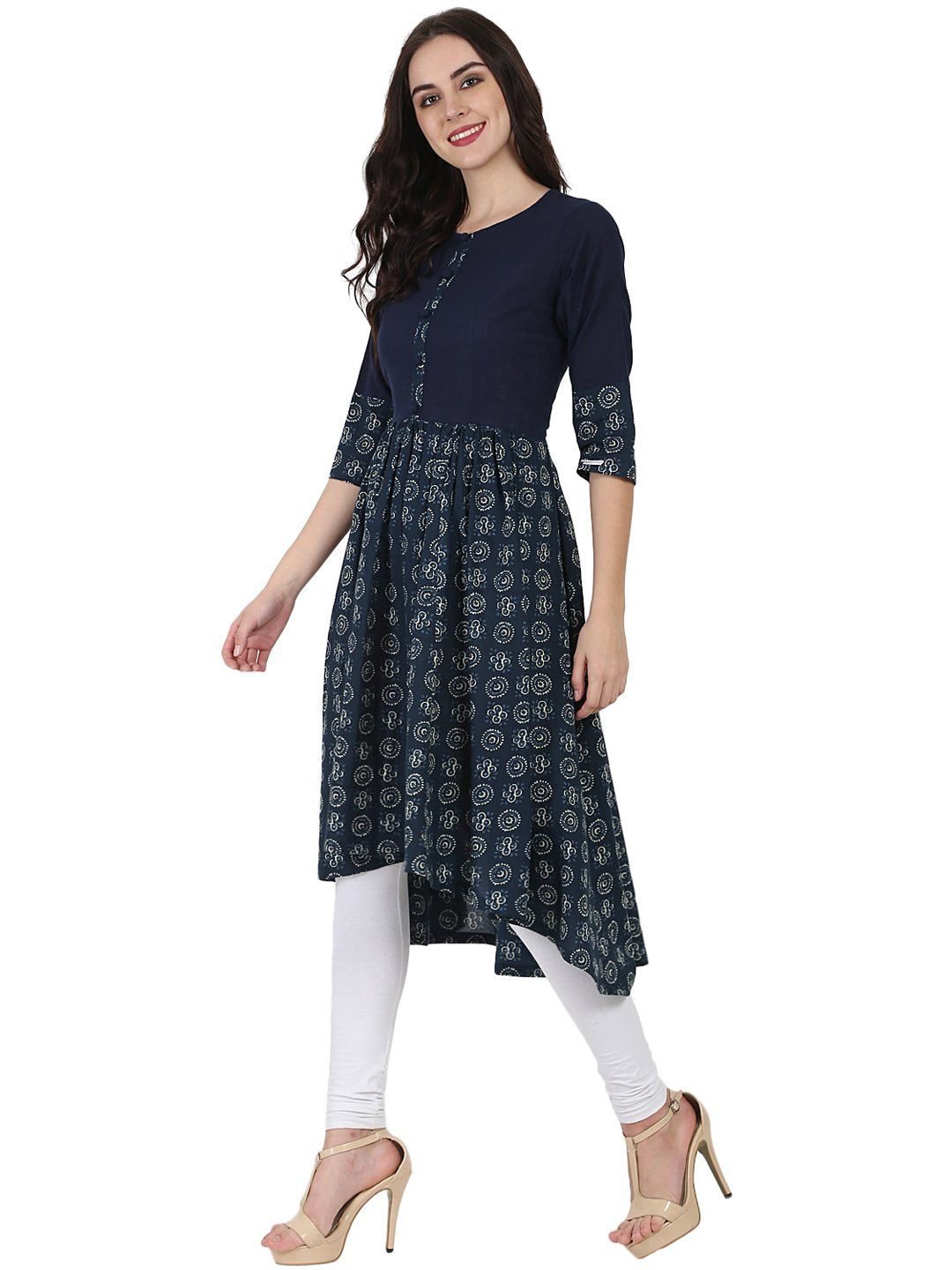 Blue Printed 3/4Th Sleeve Cotton Anarkali Kurta | LASVINI - Redefining Indian Fashion with Elegance