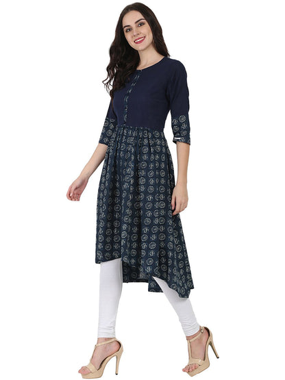 Blue Printed 3/4Th Sleeve Cotton Anarkali Kurta | LASVINI - Redefining Indian Fashion with Elegance