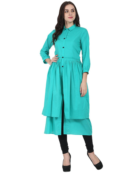Sea Green 3/4Th Sleeve Cotton Layerd Anarkali Kurta | LASVINI - Redefining Indian Fashion with Elegance