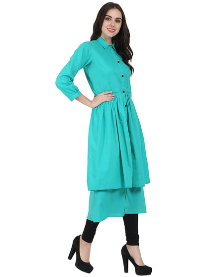 Sea Green 3/4Th Sleeve Cotton Layerd Anarkali Kurta | LASVINI - Redefining Indian Fashion with Elegance