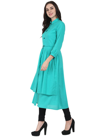 Sea Green 3/4Th Sleeve Cotton Layerd Anarkali Kurta | LASVINI - Redefining Indian Fashion with Elegance