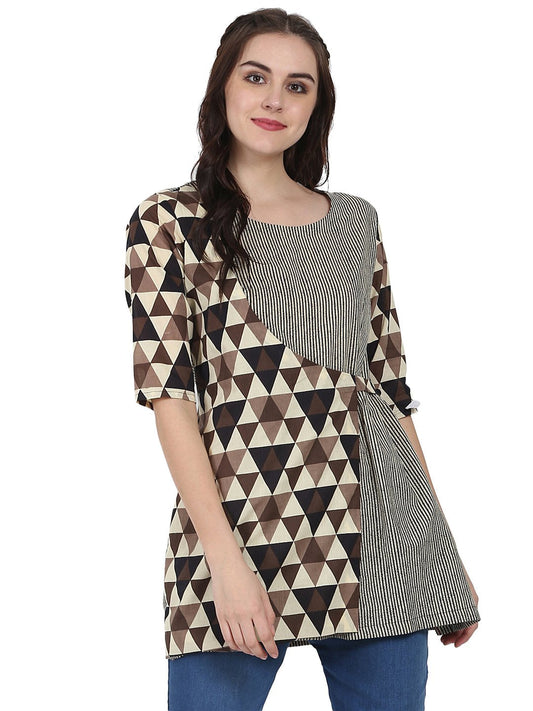 Beige Printed 3/4Th Sleeve Cotton Layered Tunic | LASVINI - Redefining Indian Fashion with Elegance