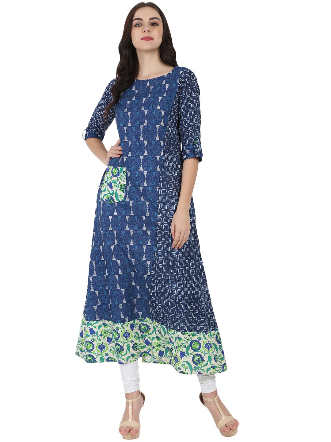Blue Printed 3/4Th Cotton A-Line Kurta With Side Pocket | LASVINI - Redefining Indian Fashion with Elegance