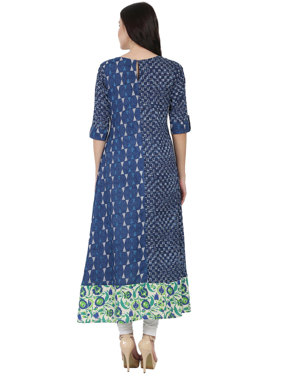 Blue Printed 3/4Th Cotton A-Line Kurta With Side Pocket | LASVINI - Redefining Indian Fashion with Elegance