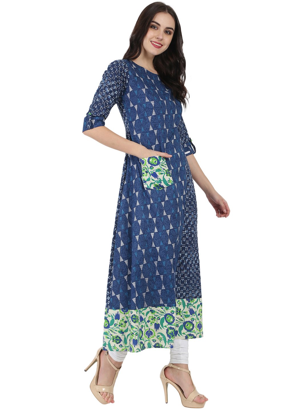 Blue Printed 3/4Th Cotton A-Line Kurta With Side Pocket | LASVINI - Redefining Indian Fashion with Elegance