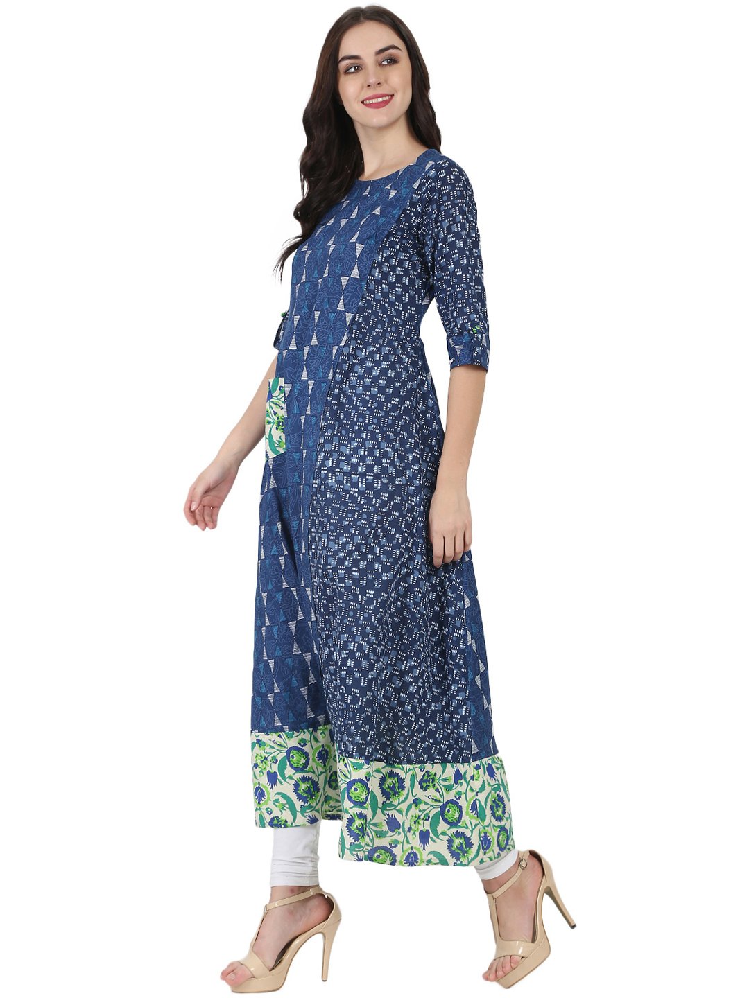 Blue Printed 3/4Th Cotton A-Line Kurta With Side Pocket | LASVINI - Redefining Indian Fashion with Elegance