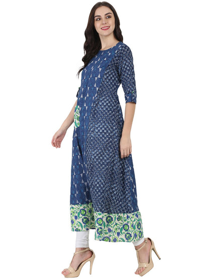 Blue Printed 3/4Th Cotton A-Line Kurta With Side Pocket | LASVINI - Redefining Indian Fashion with Elegance