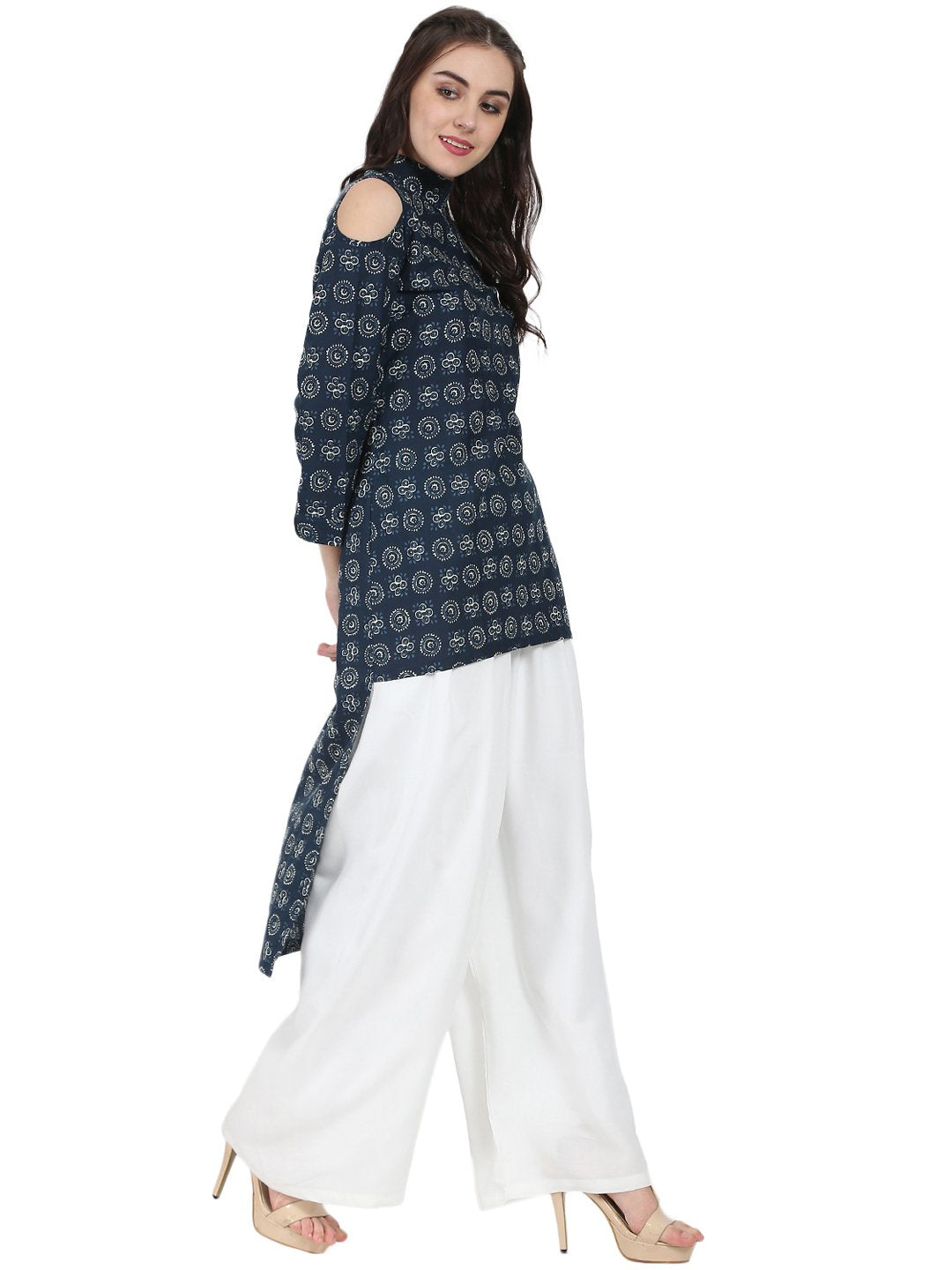 Blue Printed 3/4Th Sleeve Cold Shoulder Cotton Tunic | LASVINI - Redefining Indian Fashion with Elegance