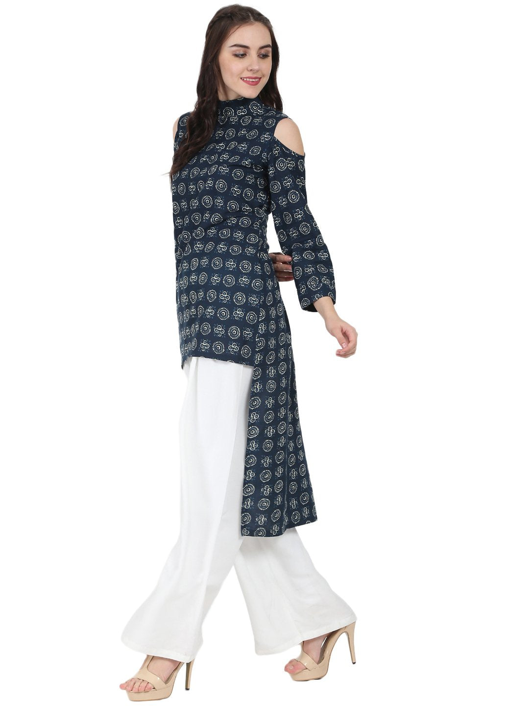 Blue Printed 3/4Th Sleeve Cold Shoulder Cotton Tunic | LASVINI - Redefining Indian Fashion with Elegance