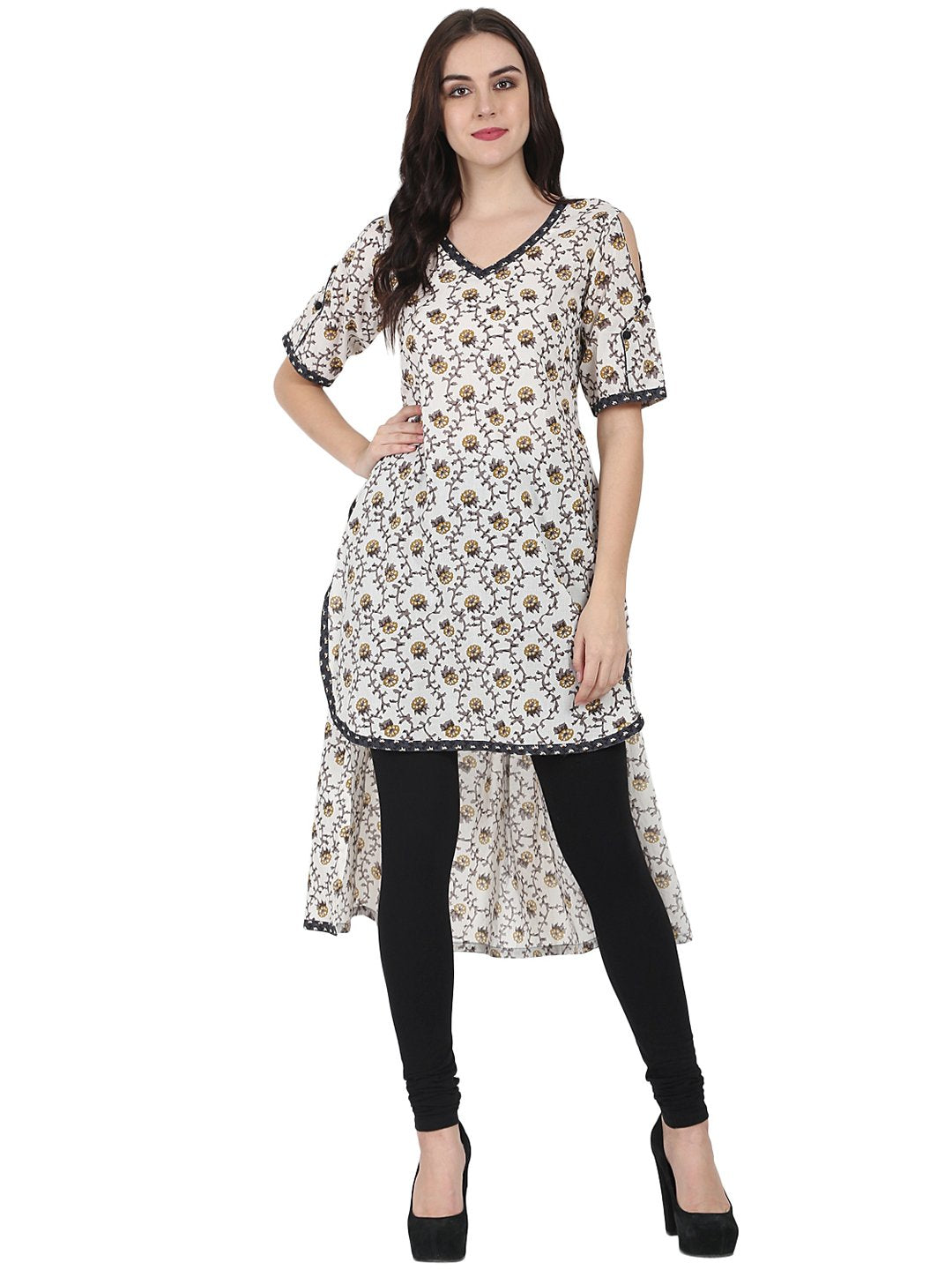 Off White Printed Half Sleeve Cotton Low High Kurta | LASVINI - Redefining Indian Fashion with Elegance