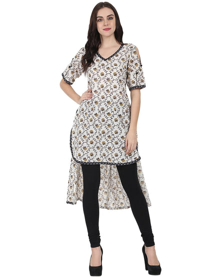 Off White Printed Half Sleeve Cotton Low High Kurta | LASVINI - Redefining Indian Fashion with Elegance