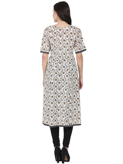 Off White Printed Half Sleeve Cotton Low High Kurta | LASVINI - Redefining Indian Fashion with Elegance