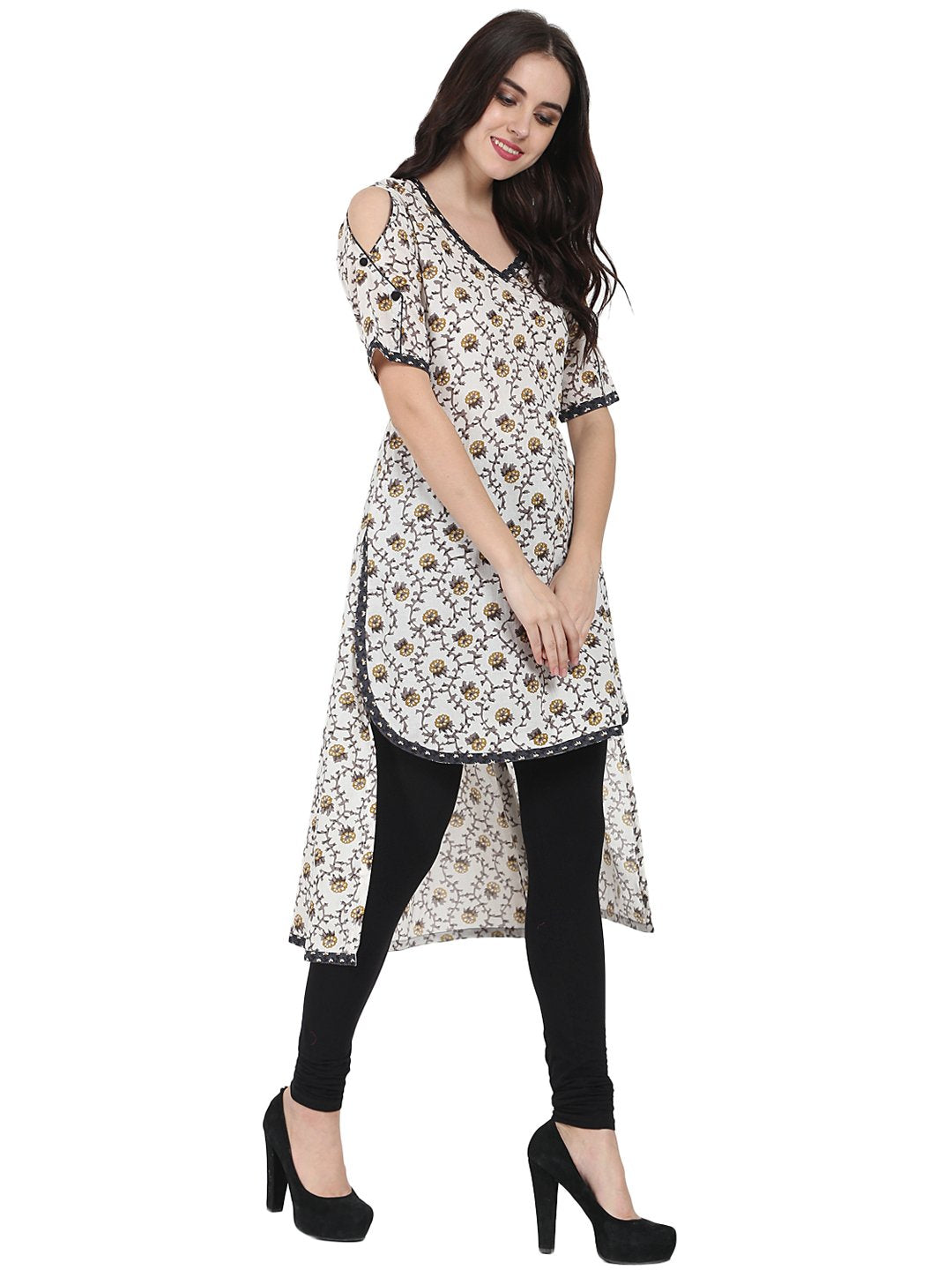 Off White Printed Half Sleeve Cotton Low High Kurta | LASVINI - Redefining Indian Fashion with Elegance