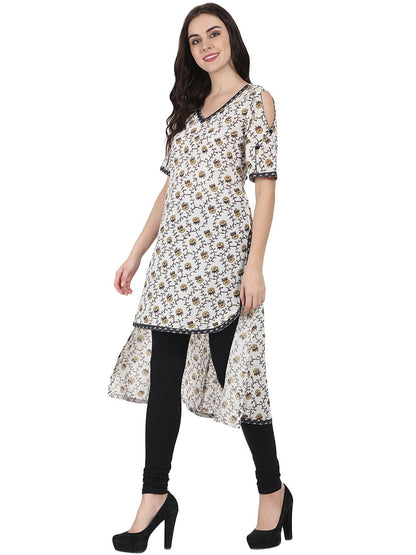 Off White Printed Half Sleeve Cotton Low High Kurta | LASVINI - Redefining Indian Fashion with Elegance