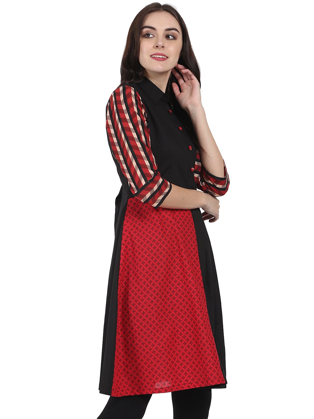 Black Printed 3/4Th Sleeve Cotton A-Line Kurta With Pocket | LASVINI - Redefining Indian Fashion with Elegance