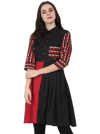 Black Printed 3/4Th Sleeve Cotton A-Line Kurta With Pocket | LASVINI - Redefining Indian Fashion with Elegance
